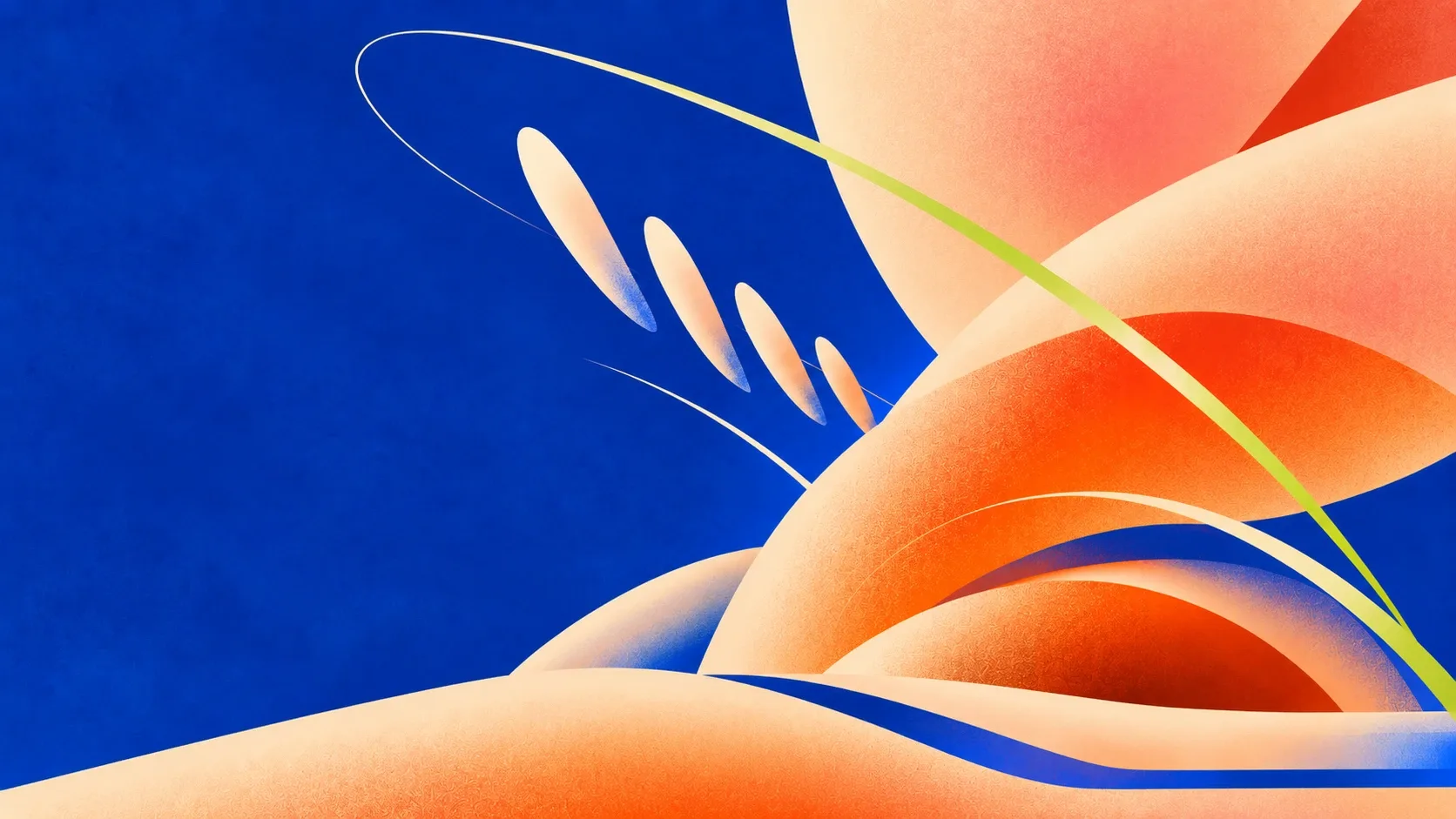 Orange arches and cream bands in a textured abstract artwork of deep blue